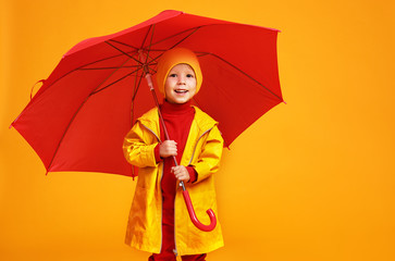 young happy emotional cheerful boy laughing  with red umbrella   on colored yellow background.