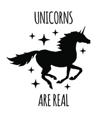 Vector unicorn silhouette with quote card isolated on white background. Unicorns are real lettering illustration