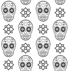 Vector seamless pattern of black outline Mexican sugar skull and flowers isolated on white background. Day of the dead illustration