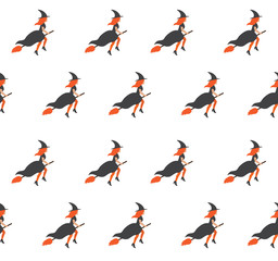 Vector seamless pattern of flat cartoon witch flying broom isolated on white background. Halloween illustration