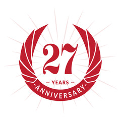 27th years anniversary celebration design. Twenty-seven years logotype. Red vector and illustration.