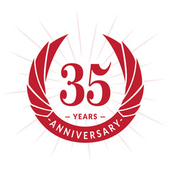 35th years anniversary celebration design. Thirty-five years logotype. Red vector and illustration.