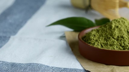 Green tea powder with leaf in ceramic dish on the table, Japanese wire whisk made of bamboo for matcha tea ceremony.