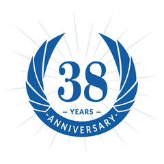 38th years anniversary celebration design. Thirty-eight years logotype. Blue vector and illustration.