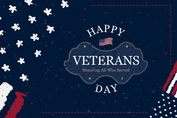 Veterans Day. Greeting card with USA flag and retro rubber stamp with the text written inside on white background with texture. National American holiday event. Vintage vector illustration EPS10