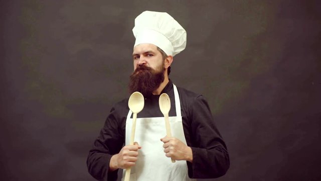 Crazy people. Excited bearded cook. Funny cook and comic cookery. Chef cook ready to cooking. Isolated on black background.