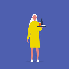 Young female waiter holding a tray with dishes