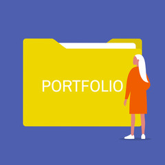 Portfolio. Female character standing in front of the folder with documents. Experience. HR. Flat editable vector illustration, clip art
