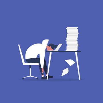 Professional burnout. Young exhausted female manager sitting at the office. Long working day. Millennials at work. Flat editable vector illustration, clip art