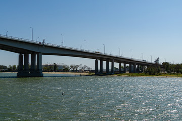 View of Voroshilovsky bridge on Don river from right bank Rostov-on-Don city