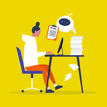 Exploiter. Angry robot showing a to do list to a tired employee.  Authority. Technologies. Exploitation at work. Human rights. Artificial intelligence. Flat editable vector illustration. Concept.