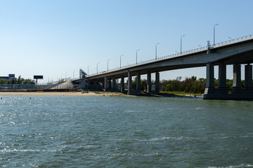 View of Voroshilovsky bridge on Don river from right bank Rostov-on-Don city