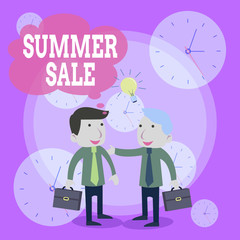 Conceptual hand writing showing Summer Sale. Concept meaning Annual discount events that takes place during summer season Businessmen Colleagues with Brief Case Sharing Idea Solution