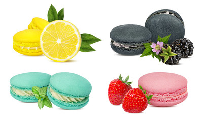 Macarons mint,blackberry,lemon and strawberry   isolated on white