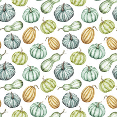Watercolor pattern of colorful pumpkins. Autumn background. Thanksgiving, Halloween botanical illustration.
