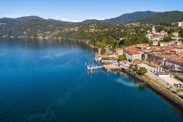 Aerial view of Luino, is a small town on the shore of Lake Maggiore in province of Varese, Italy.