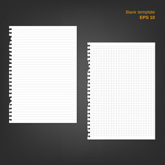 Vector illustration of 2 block note papers with torn edge. Lined and squared ripped pages on grey background. Empty white blanks can be used as a mock up template and backgrounds for your own projects