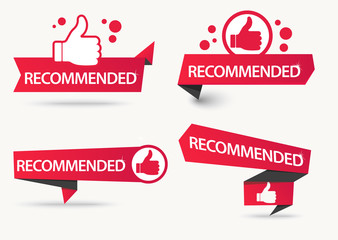 Recommended banner with thumbs up. Paper ribbon Vector