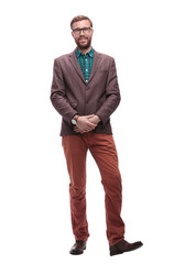 in full growth. serious hipster man with glasses. isolated on white