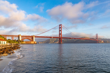 View of Golden Gate Bridge along the coastline in San Francisco