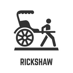 Rickshaw or jinrikisha icon with two-wheeled passenger cart which pulled by one man symbol.