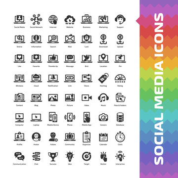 Social media icon set with global internet website, digital business and marketing technology glyph symbols: mobile device, web support, message, share, like, blog, photo, picture, video and music.