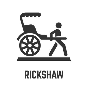 Rickshaw or jinrikisha icon with two-wheeled passenger cart which pulled by one man symbol.