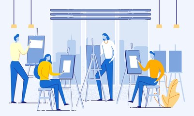 Art Studio with People Painting on Canvas Flat.