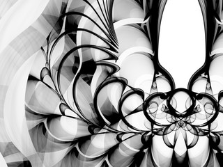Illustration - Artistic Design, Abstract circular design with repeating curved patterns, spiral shapes, recursive patterns. Black and White artwork, geometric patterns, symmetry and lines.