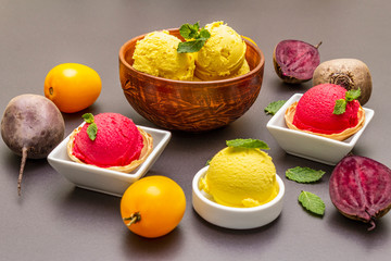 Assorted of beet and tomato ice cream, sorbet, gelato