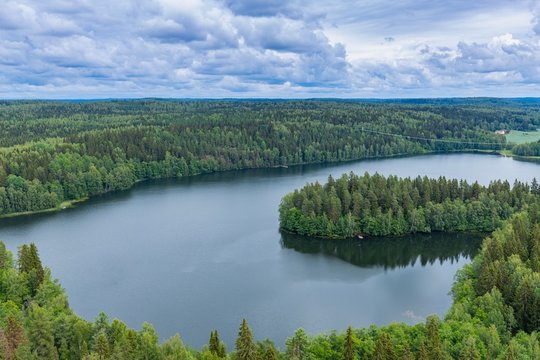  Nature background.  Finland. Aulanko. Beautiful autumn landscape. Autumn forest. Aerial view.