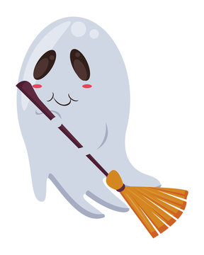 halloween ghost floating with witch broom