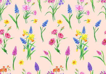 Spring flowers seamless pattern of daffodils, muscari, eustoma and freesia on apink beige background, watercolor illustration, print for fabric and other designs.
