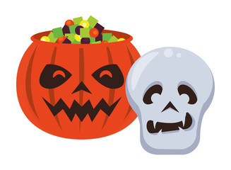 halloween pumpkin with sweet candies and skull