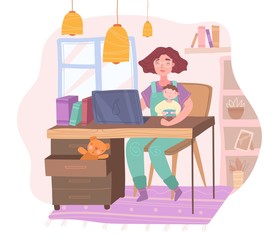 Pretty happy mother holding her baby, sitting at desk and working on laptop at home. Female freelance worker with child at workplace. Career and Maternity . Cartoon vector illustration.