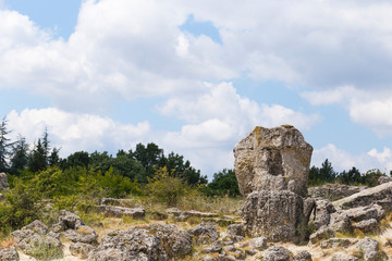 Fototapeta na wymiar Planted stones, also known as The Stone Desert. Landforms of Varna Province. Rock formations of Bulgaria. Stone forest.