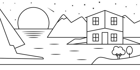 Landscape mountain isle house trees moon night illustration © gunayaliyeva