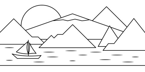 Landscape mountain boat lake sun isle illustration