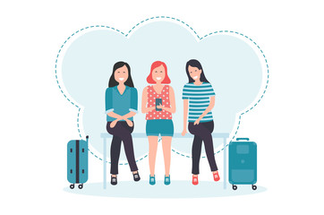Three girls sitting in bench talking each other while waiting in airport vector illustration