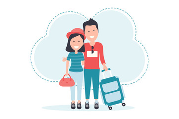 Happy couple hugging while standing while waiting in airport vector illustration