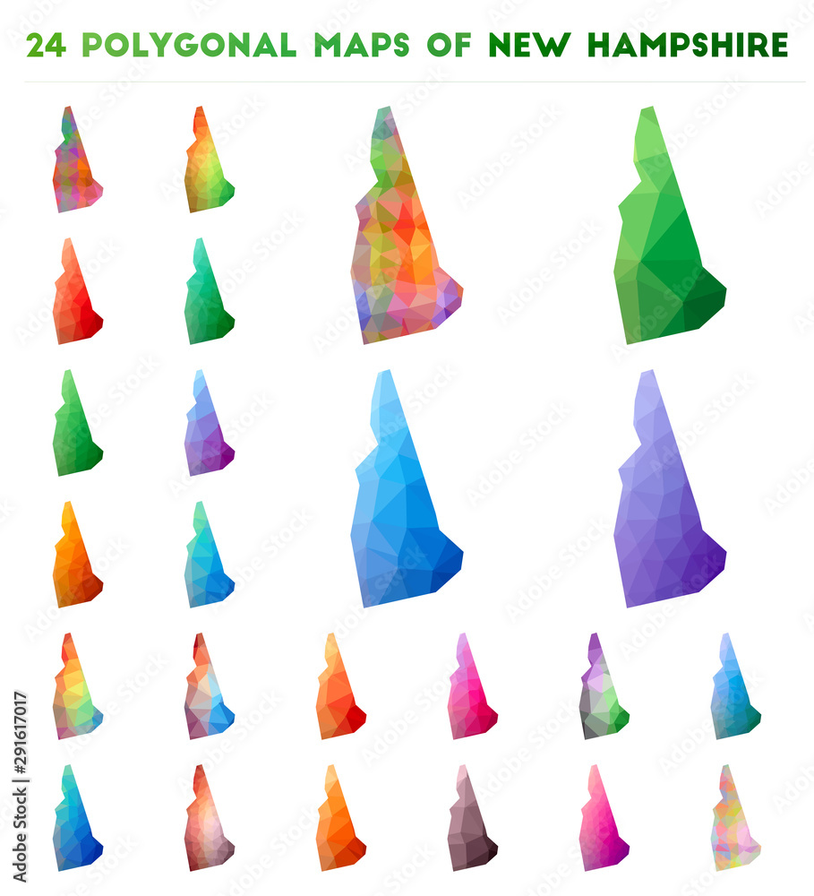 Poster set of vector polygonal maps of new hampshire. bright gradient map of us state in low poly style. mu