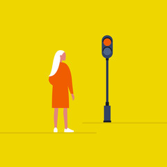 Traffic light. Young female pedestrian waiting on a crosswalk. Safety. Stop signal. Flat editable vector illustration, clip art