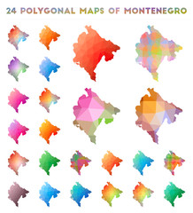 Set of vector polygonal maps of Montenegro. Bright gradient map of country in low poly style. Multicolored Montenegro map in geometric style for your infographics.