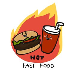 Hot Fast food hamburger and soda drink on fire logo cartoon vector illustration