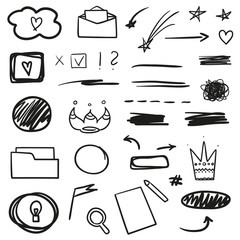 Hand drawn infographic elements. Abstract geometric shapes on white. Grungy signs. Black and white illustration. Elements for design