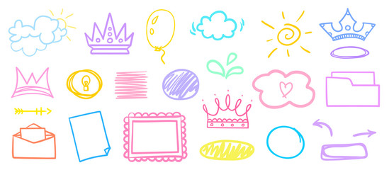 Infographic elements on isolated white background. Hand drawn different signs. Colorful illustration. Doodles for artwork