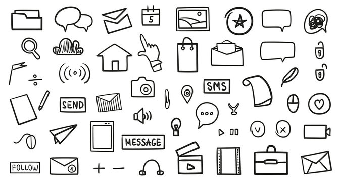 Hand drawn technology elements. Abstract social media objects on white. Different technological signs. Black and white illustration