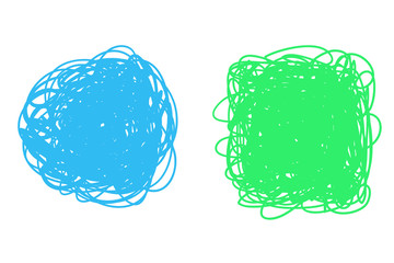 Colorful tangled geometric shapes on white. Scribble frames. Bright backgrounds with array of lines. Chaotic textures. Art creation. Print for your design