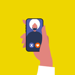 Dating app. Swipe left or right. Find a partner. Online digital service. A portrait of young indian male character. Millennial lifestyle. Flat editable vector illustration, clip art