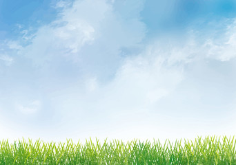 Fototapeta na wymiar 芝生　グラウンド　草原　背景　水彩　草　植物　青空　手描き　雲　空　雲　自然
